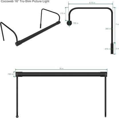 Cocoweb 16 Inch Tru-Slim Black Picture Light - LED, 2700K, Adjustable Arm, Plug-in, Toggle Switch, Sleek and Compact Design