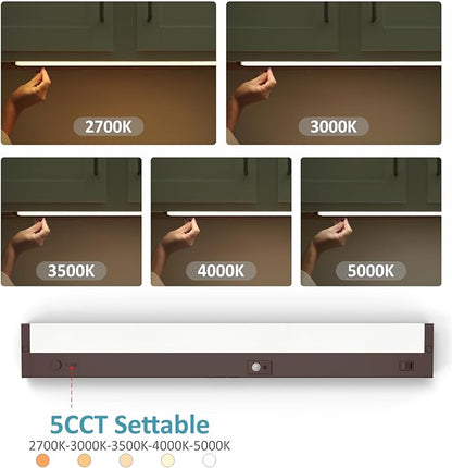 LED Under Cabinet Lighting Motion Sensored Hardwired with Built-in Dimmer, 24 Inch 12W Dimmable 5 Color 2700/3000/3500/4000/5000K, Linkable Eyes Care for Kitchen, Counter, ETL Listed, Bronze