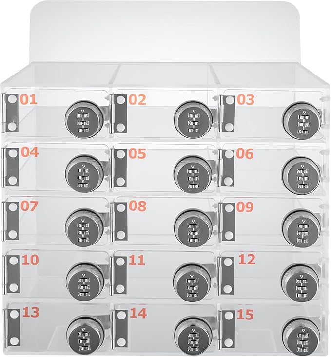 Cell Phone Locker Box 15 Slots Clear Acrylic Cell Phone Organizer Cabinet with Combination Locks Wall-Mounted Locking Cell Phone Storage Box for Classroom Office,Shool,Office (15 Slots, Acrylic)