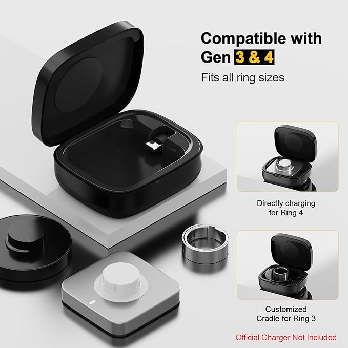 Wireless Charging Case for Oura Ring 4 & 3 Charger, 1000mAh Portable Travel Charger Station Fits All-Sized Ring Gen 4 & 3, 30-Day Runtime (Official Charger NOT Included)