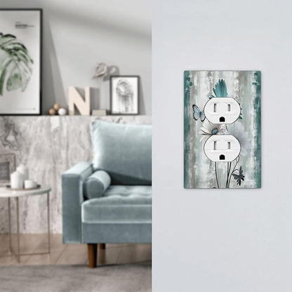 Outlet Covers Rustic Teal Daisy Floral Flowers Butterfly Wood Grain 1 Gang Duplex Wall Plate Decorative Switch Plates Electrical Receptacle Faceplate Light Switch Cover for Bathroom Bedroom