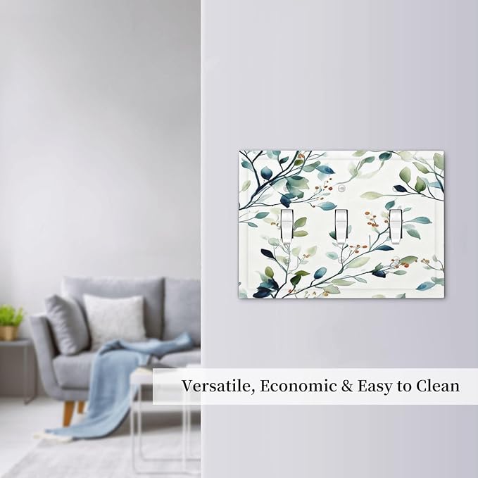 Decorative Light Switch Cover Plate Eucalyptus Leaf Geen Sage Leaves 3 Gang Wall Plates for Electrical Outlets Triple Toggle Switch Plate Covers Outlet Covers Faceplate for Bedroom Home Decor