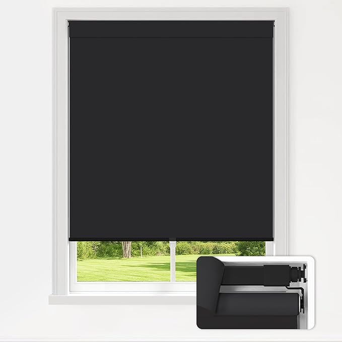 LazBlinds No Drill Blinds for Indoor Windows, Blackout Roller Shades, Cordless Window Blackout Blinds, Thermal Insulated Fabric UV Protection for Home and Office, 32" W x 48" H, Black