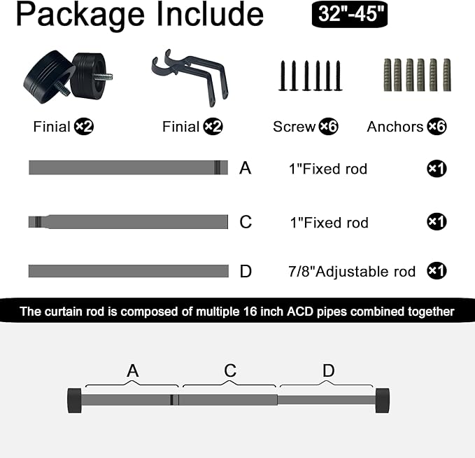 Black Curtain Rod for Windows 18 to 45 Inches, 1 Inch Adjustable Drapery Pole, Heavy Duty Outdoor/Indoor Modern Curtain Rods, Easy Installation(Black 18"-45")