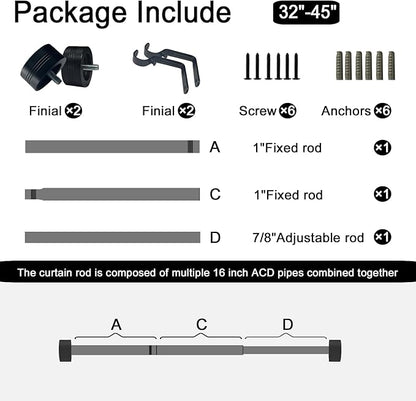 Black Curtain Rod for Windows 18 to 45 Inches, 1 Inch Adjustable Drapery Pole, Heavy Duty Outdoor/Indoor Modern Curtain Rods, Easy Installation(Black 18"-45")
