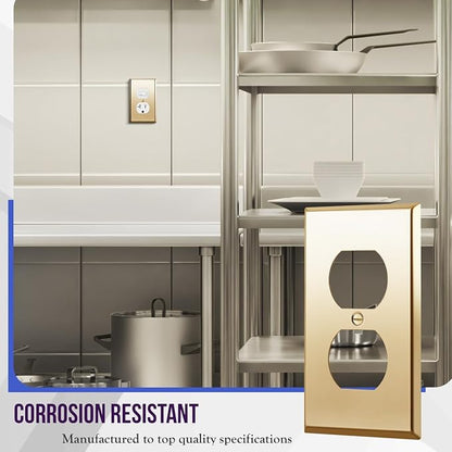 ENERLITES Duplex Receptacle Outlet Metal Wall Plate, Stainless Steel Outlet Cover, Corrosion Resistant, Size 1-Gang 4.50" x 2.76", 7721-PB, Stainless Steel 201, Polished Brass, Gold