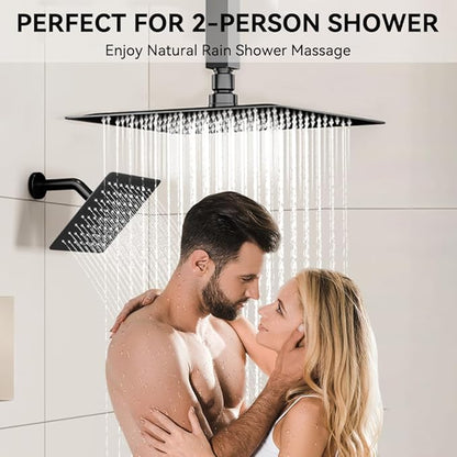 Thermostatic Shower System Matte Black Push Button Shower Faucet Set,12" Ceiling Rainfall and 6" Wall Mount Rain Shower with 2 in 1 Handhled, Can Use All at Once, Shower Set with Valve and Trim Kit