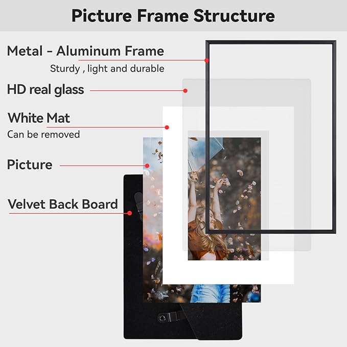 8x12 Picture Frame, Black Metal Photo Frames with HD Glass, Fits 6x8 with Mat or 8 x 12 without Mat, Display for Wall and Table, 1 Pack