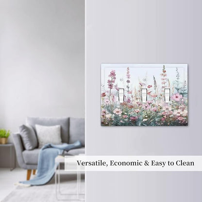 Pink Floral Watercolor Botanical Wildflowers Decorative Switch Plates 3 Gang Wall Plate Triple Toggle Light Switch Cover Faceplate Electrical Wall Panels For Bed Room Living Room Decor