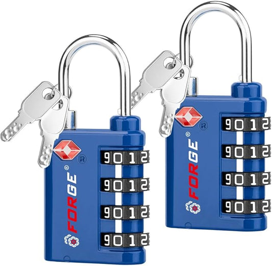 Forge Dual-Opening: Key or Combination Lock, TSA Approved Lock for Luggage, Pelican case, Travel, Gym, School, Luggage Combination Lock, Travel Bag Lock (Blue 2 Pk)