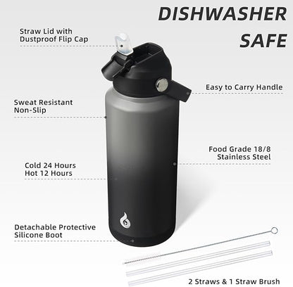 BJPKPK Water Bottle with Straw Lid, 32oz Vacuum Insulated Water Bottles, Metal Stainless Steel Thermo for Sports, Travel, BPA Free Leak Proof Thermo, Cups, Flasks, Tumblers,Black Grey