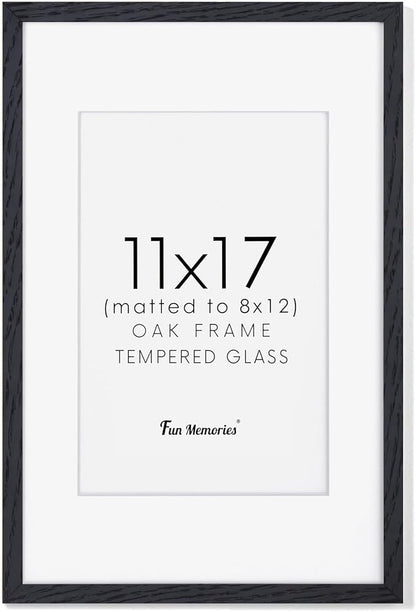 Fun Memories 11x17 Oak Wood Picture Frame in Black, 11"x17" Poster Frame for Wall, Wood Photo Frame 11 x 17 with Tempered Real Glass, 11x17 Frame Matted to 8x12 - Black Color, 1 Pack