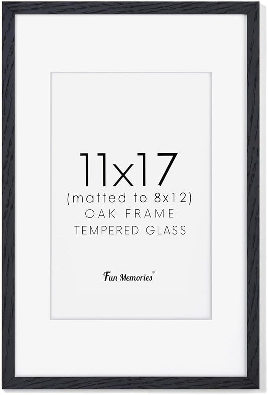 Fun Memories 11x17 Oak Wood Picture Frame in Black, 11"x17" Poster Frame for Wall, Wood Photo Frame 11 x 17 with Tempered Real Glass, 11x17 Frame Matted to 8x12 - Black Color, 1 Pack