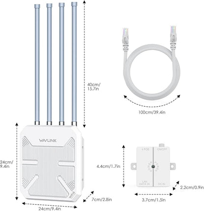 WAVLINK AX3000 Outdoor WiFi 6 Extender Long Range, Outdoor Wireless Access Point, Active PoE, 4x8dBi Antennas,Work with Starlink/Cameras/Router,IP67,Up to 256 Devices for Farm,Yard,RV