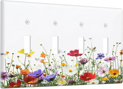 Light Switch Covers Colorful Wildflowers Plant Floral Daisy Quad Toggle Electrical Faceplate 4 Gang Wall Plate Decorative Switch Plates For Bed Room Living Room Decor