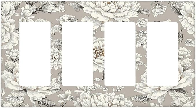 White Poppies Floral Modern Grey Peonies Flowers Wallplates 4 Gang Quad Rocker Decorative Light Switch Covers Electrical GFCI Faceplate Switch Plate for Bedroom Bathroom Decor
