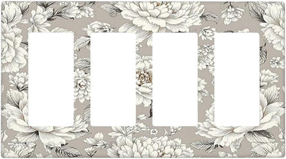 White Poppies Floral Modern Grey Peonies Flowers Wallplates 4 Gang Quad Rocker Decorative Light Switch Covers Electrical GFCI Faceplate Switch Plate for Bedroom Bathroom Decor