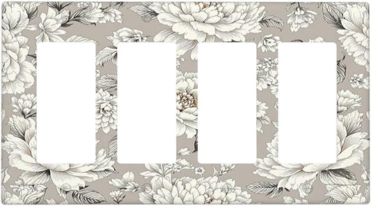 White Poppies Floral Modern Grey Peonies Flowers Wallplates 4 Gang Quad Rocker Decorative Light Switch Covers Electrical GFCI Faceplate Switch Plate for Bedroom Bathroom Decor