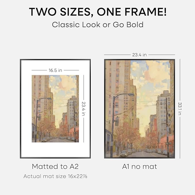 Homeforia Picture Frame A1 Black, High End Metal 23.4 x 33.1 inch Large Picture Frames with Mat 16.5 by 23.4 for Photo, A1 Size Frames Matted to A2 Print, 23.4x33.1 Thin Frame, Tempered Glass, Set of 1