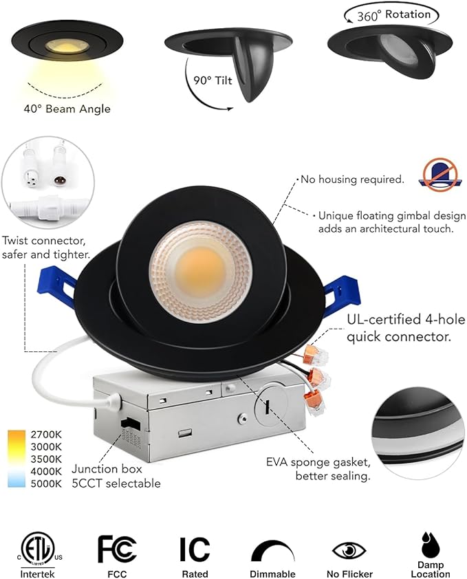 Adetu 4 inch 5CCT Gimbal Black Led Recessed Lights, 360°+90° Adjustable Directional Recessed Lighting, 2700K/3000K/3500K/4000K/5000K Dimmable Retrofit Eyeball Can Lights with Jbox, ETL（Black, 6 Pack）