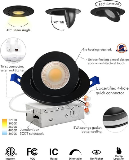 Adetu 4 inch 5CCT Gimbal Black Led Recessed Lights, 360°+90° Adjustable Directional Recessed Lighting, 2700K-5000K Dimmable Retrofit Eyeball Can Lights with Jbox, ETL&Energy Star (Black,12 Pack)