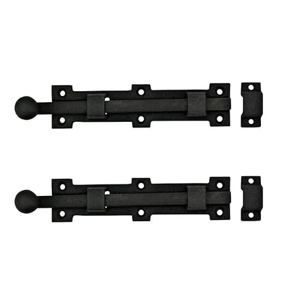 Renovators Supply Manufacturing Slide Bolt Latch 8 3/4 in. Black Wrought Iron Ball Tip Style Slide Bolt with Mounting Hardware Pack of 2