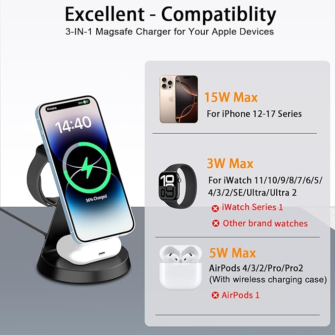 3 in 1 Wireless Charging Station for Apple Magsafe Charger Stand,Fast Magnetic Wireless Charger Station for iPhone 17 Air 16 15 14 13 12 Series,Apple Watch,Airpods