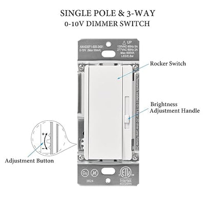 0-10V LED Dimmer Switch for 0-10V Dimmable LED Lights, Single-Pole or 3-Way, Wallplate Included, ETL Listed