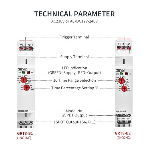 GEYA Delay Off Single Function Time Relay 2 Outputs 16A Electronic Power Off Timer Delay Relay(GRT8-B2,AC/DC12V-240V)
