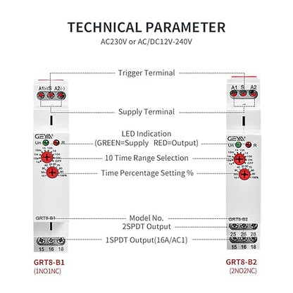 GEYA Delay Off Single Function Time Relay 2 Outputs 16A Electronic Power Off Timer Delay Relay(GRT8-B2,AC/DC12V-240V)