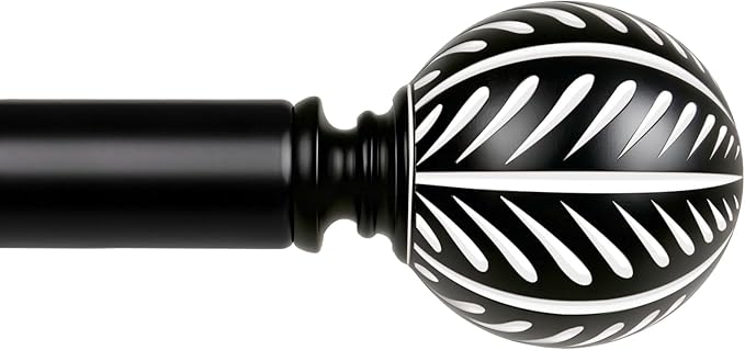 KAMANINA Wood Curtain Rods for Windows 66 to 120 Inch(5.5-10ft), 1 Inch Adjustable Drapery Rod, Decorative Heavy Duty Curtain Rods with Leaf Pattern Finials, Black