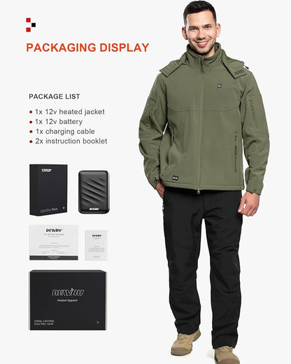 DEWBU Soft Shell Heated Jacket for Men with 12V Battery Pack and Detachable Hood Outdoor Electric Heating Coat