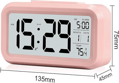 Digital Alarm Clock with LCD Display, Desk Smart Electronic Small Clock with Indoor Temperature, Date, Light Sensor, Backlight, Battery Operated, for Home Bedroom Kids Office (Pink)