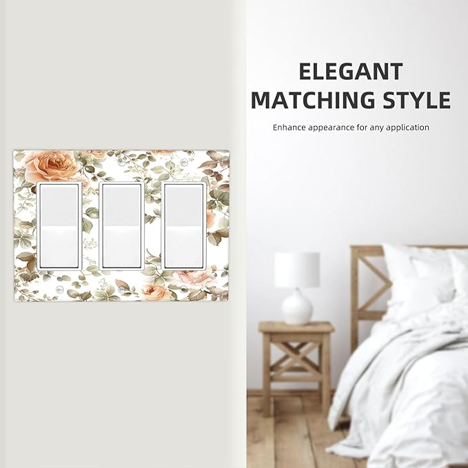 Light Switch Covers Vintage Warm Color Orange Flowers And Leaves 3 Gang Rocker Electrical GFCI Decorative Triple Outlet Wall Plate Cover Switchplate for Bedroom living Room Decor