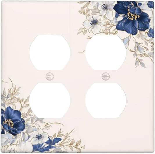 Decorative Outlet Covers Rustic Blue Beige Flower Peony Floral 2 Gang Light Switch Cover Plate Double Duplex Wall Plates for Electrical Outlets Switch Plate Covers for Bedroom Home Decor