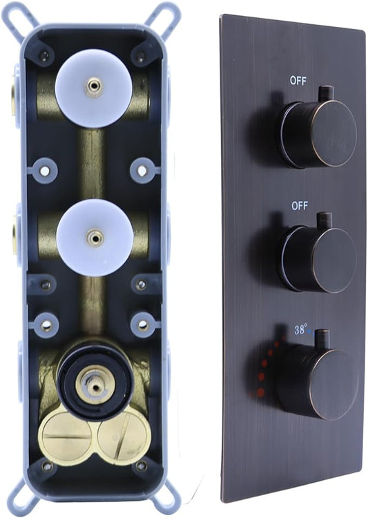 2 Function Shower Thermostatic Valve 3 Round Knob Valve Body Can Control Water Volume and Work at the Same Time Concealed Brass Bathroom Replacement Valve(Oil-Rubbed Bronze, 2-Way)