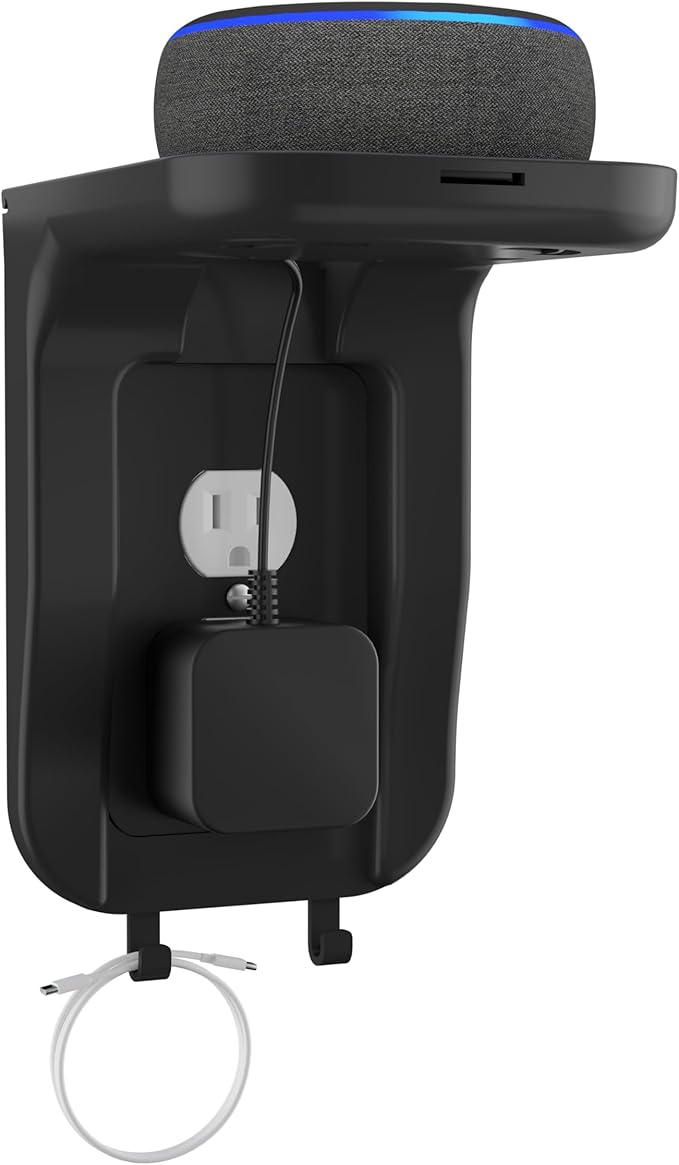 suptek Wall Outlet Shelf, Home Wall Shelf Organizer for Outlets, Perfect for Bathroom, Kitchen, Bedrooms,Ideal for Cell Phone,Speaker up to 20lbs,with Cable Management and Detachable Hooks,Black(S3B)