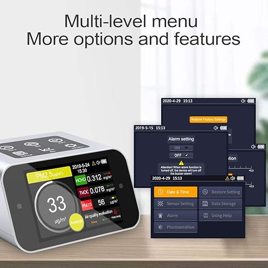 A16 Air Quality Monitor Indoor PM1.0 PM2.5 PM10 Dust Meter TVOC HCHO Pollution Tester 6 Sizes Particle Counter AQI Formaldehyde VOC Detector Home with Data Logger