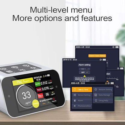 A16 Air Quality Monitor Indoor PM1.0 PM2.5 PM10 Dust Meter TVOC HCHO Pollution Tester 6 Sizes Particle Counter AQI Formaldehyde VOC Detector Home with Data Logger