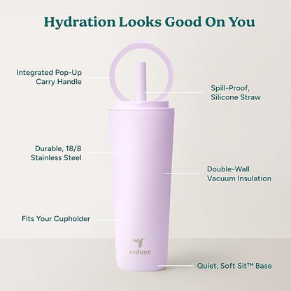 REDUCE Halo 24 oz Stainless Steel Vacuum Insulated Tumbler - Spill Proof Travel Mug with Flip Handle Lid - Keeps Drinks Cold for 32 Hrs - Dishwasher Safe - Cupholder Friendly - Lilac Bud