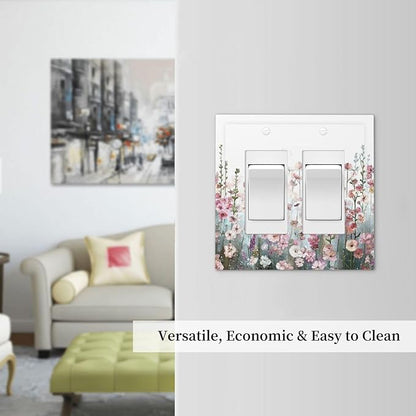 Colorful Flowers Pink Floral Watercolor Plant Decorative Outlet Covers 2 Gang Double GFCI Rocker Electrical Wall Panels Light Switch Cover Plate for Bed Room Living Room Decor