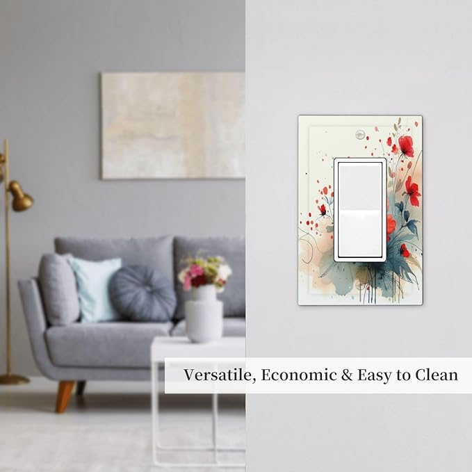 Vintage Floral Red Watercolor Modern Decorative Outlet Covers 1 Gang Single Rocker Light Switch Cover Plate Wall Plates GFCI Faceplate for Bedroom Bathroom Decor