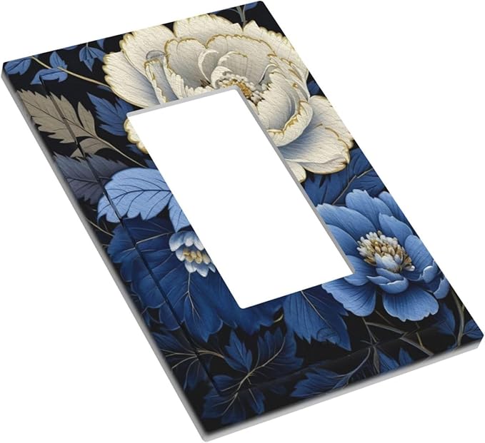 Blue White Flowers Single Decora Outlet Wall Plate 1 Gang Rocker Decorative Switchplate Faceplate GFCI Light Switch Covers for Home Living Decor