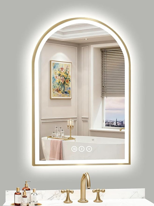 20x30 Inch Arch LED Bathroom Mirror, Gold Lighted Bathroom Mirrors Wall Mounted, Vanity Mirror with Anti-Fog, Memory Function, 3 Color Temperature, Dimmable Led Mirror for Bathroom