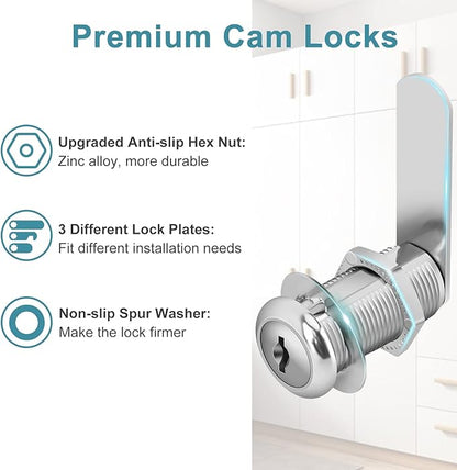 Cam Lock Cabinet Lock Keyed Alike, 1-3/8'' (Length) Cylinder Secure File Drawer Mailbox RV Storage Replacement Set, Chrome-Finish Zinc Alloy (1-3/8 Inch 6Pcs)