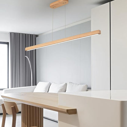 59" Wood Linear Pendant Light Fixtures Led Dining Room Chandelier Linear Kitchen Island Hanging Lights Dimmable Modern Pendant Light for Dining Room Kitchen Island Pool Table Lights Natural