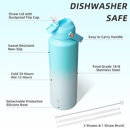 BJPKPK Insulated Water Bottle with Straw Lid, 40oz Large Thermo, BPA Free Leak Proof Stainless Steel Metal Water Bottles, Tumblers, Cups, Flasks for Travel, Sports,Sea Salt