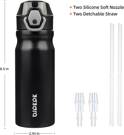 BJPKPK Water Bottle with Straw 18oz Insulated Water Bottles Reusable Stainless Steel Metal Thermal Flask with Leak Proof Lockable Lid and Carry Handle,Black
