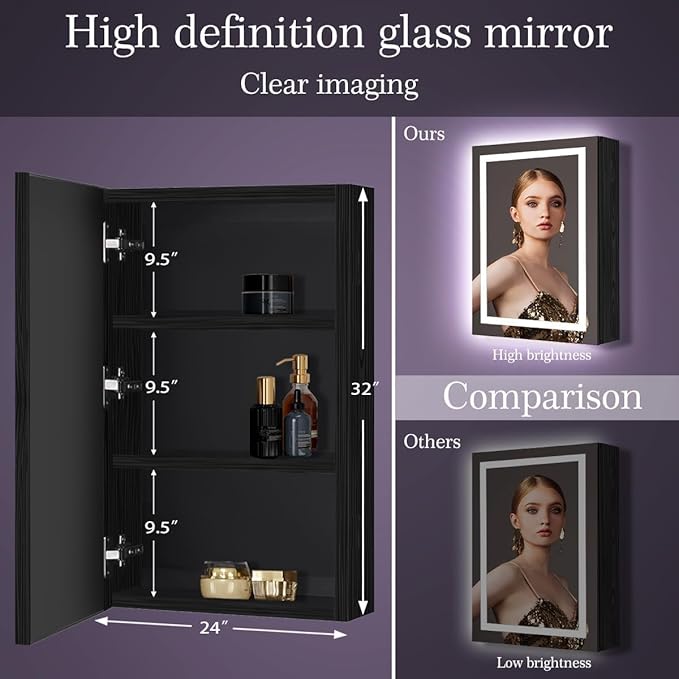 24 x 32 Inch Black Wood Led Medicine Cabinet Mirror with Lights Storage Wooden Cabinets Smart Memory 3 Color Dimmable AntiFog 32" Bathroom Lighted Medicine Cabinet with Mirror and LED Light