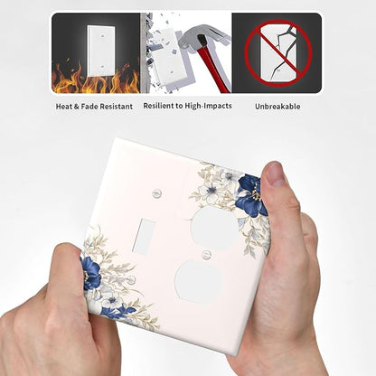 Decorative Outlet Covers Rustic Blue Beige Flower Peony Floral 2 Gang Light Switch Cover Plate Single Toggle Duplex Wall Plates for Electrical Outlets Switch Plate Covers for Bedroom Decor